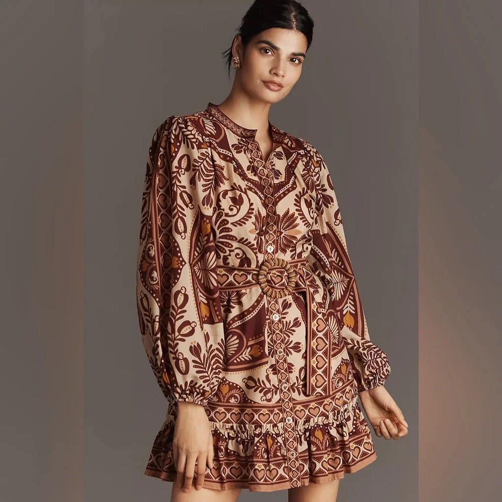 Anthropologie Brown and Tan Patterned Mini Dress - Picture 1 of 9